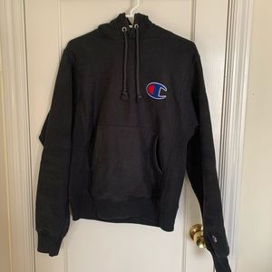 champion black reverse weave pullover hoodie big C